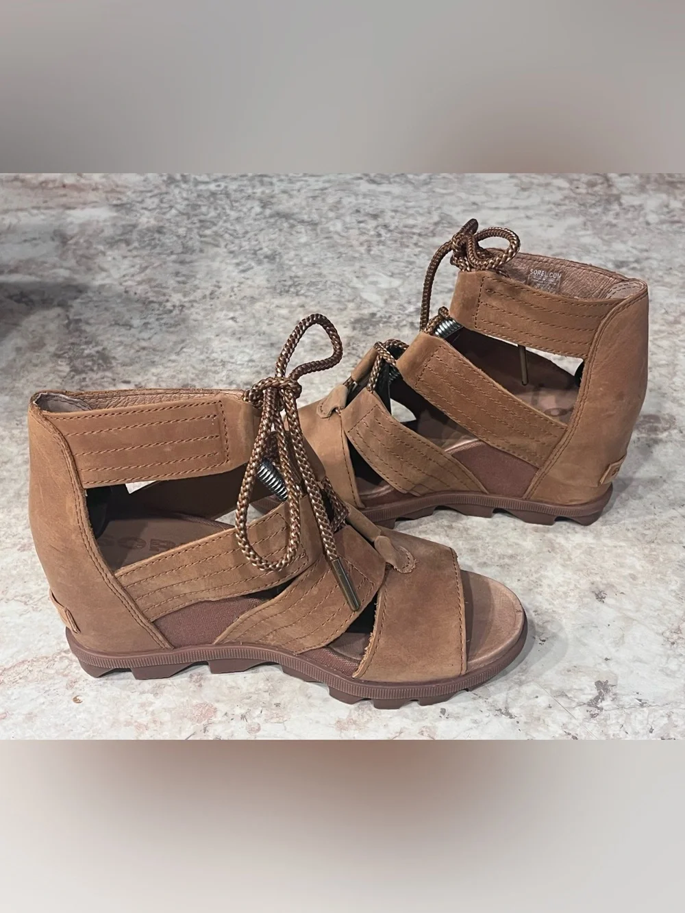 SOREL Joanie II Wedge Lace Sandals Cognac Tan Sz 7